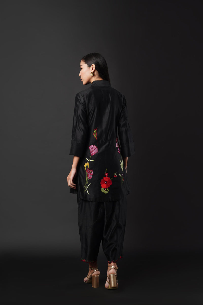 Black Co-ord Set with Embroidery on Both Sides, Paired with Indo-Pants