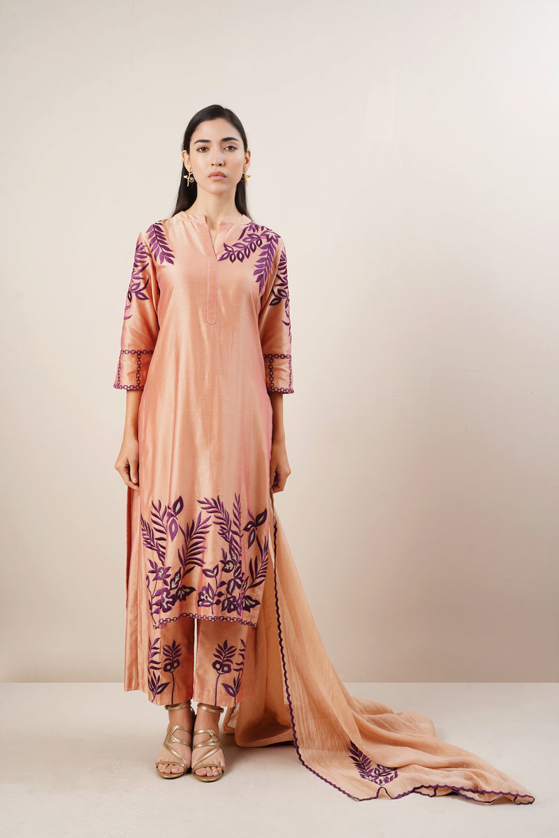 Purple and Peach Embroidered Suit Set in Handloom Chanderi