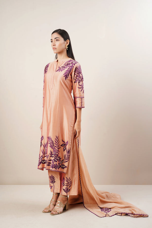 Purple and Peach Embroidered Suit Set in Handloom Chanderi