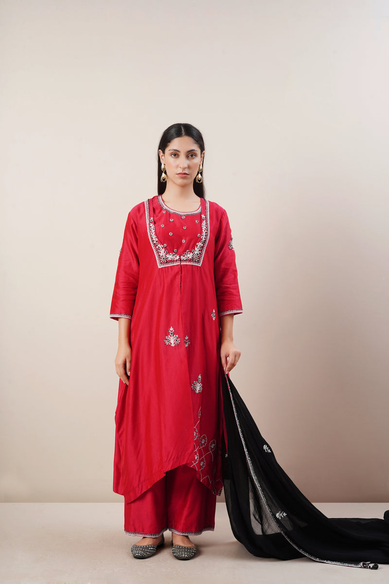 Red Hand Embroidered Jacket and Anarkali Set in Handloom Chanderi