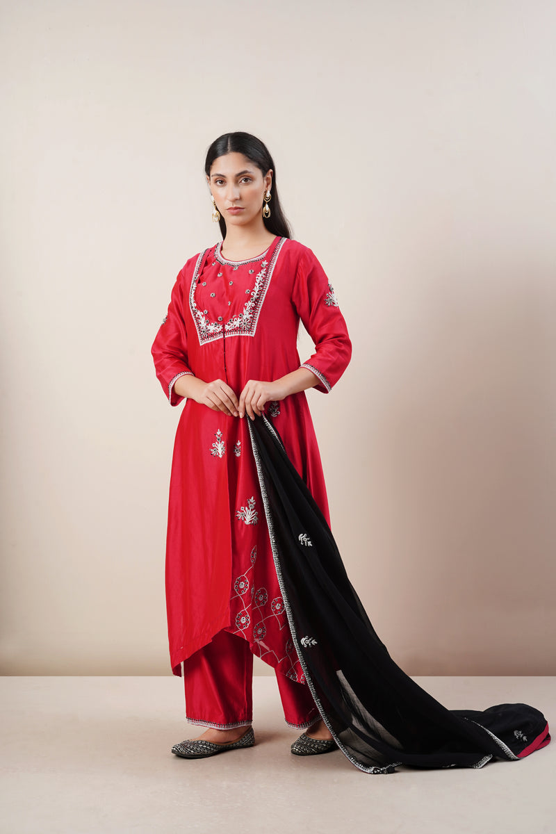 Red Hand Embroidered Jacket and Anarkali Set in Handloom Chanderi