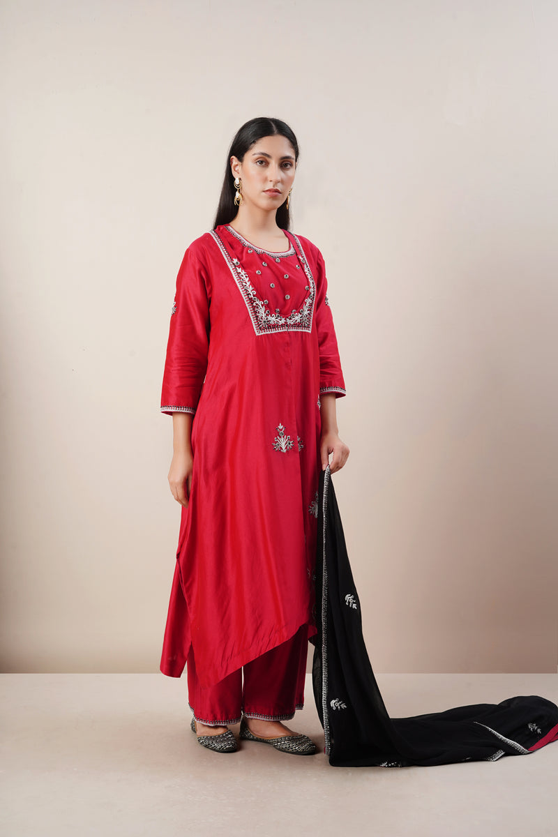 Red Hand Embroidered Jacket and Anarkali Set in Handloom Chanderi