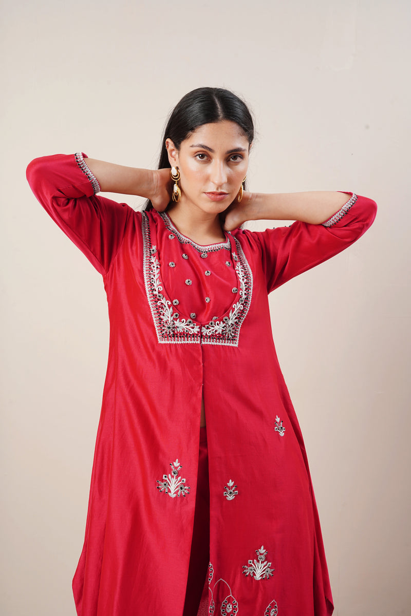 Red Hand Embroidered Jacket and Anarkali Set in Handloom Chanderi