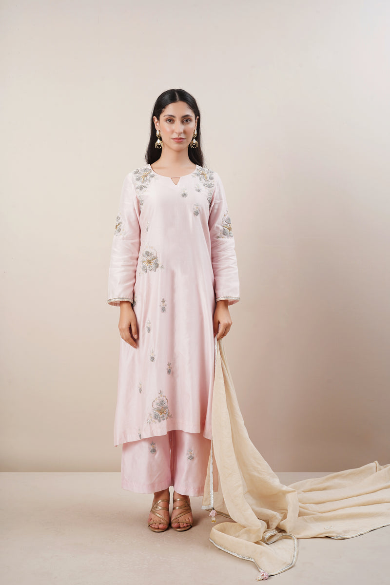 Baby Pink Handwork Suit Set in Handloom Chanderi