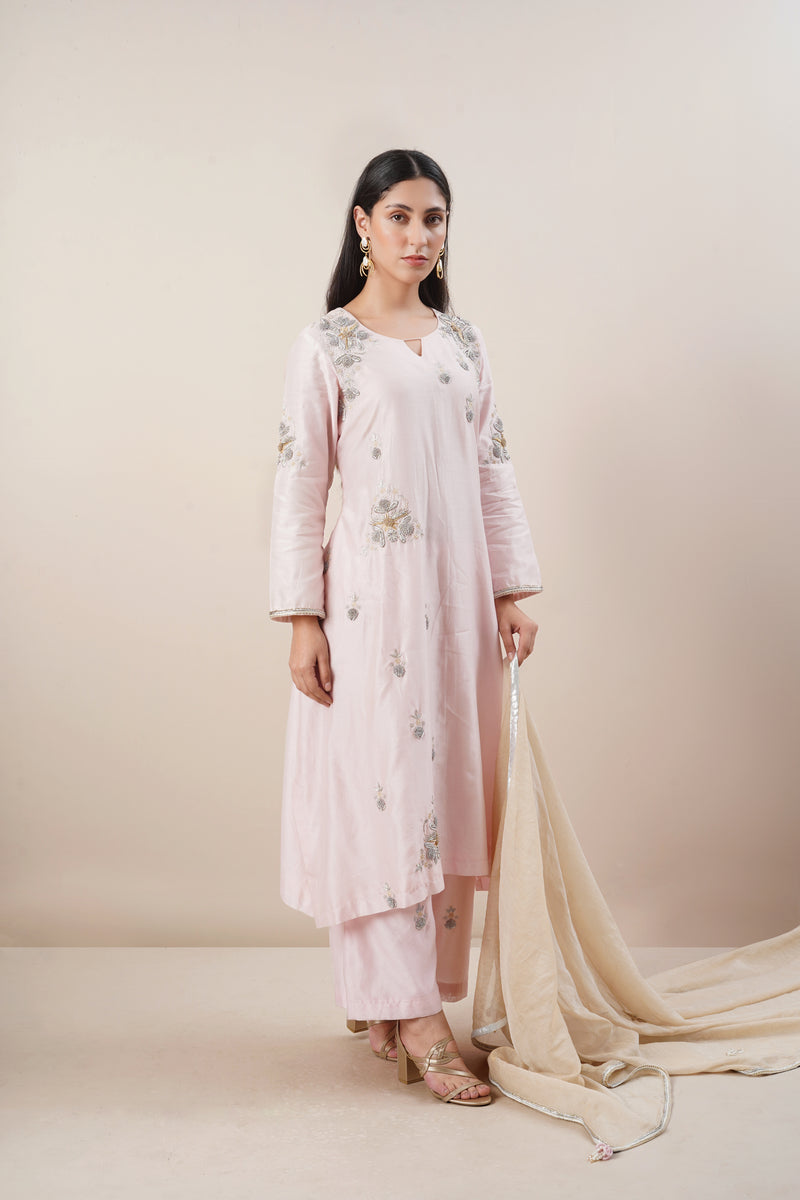 Baby Pink Handwork Suit Set in Handloom Chanderi