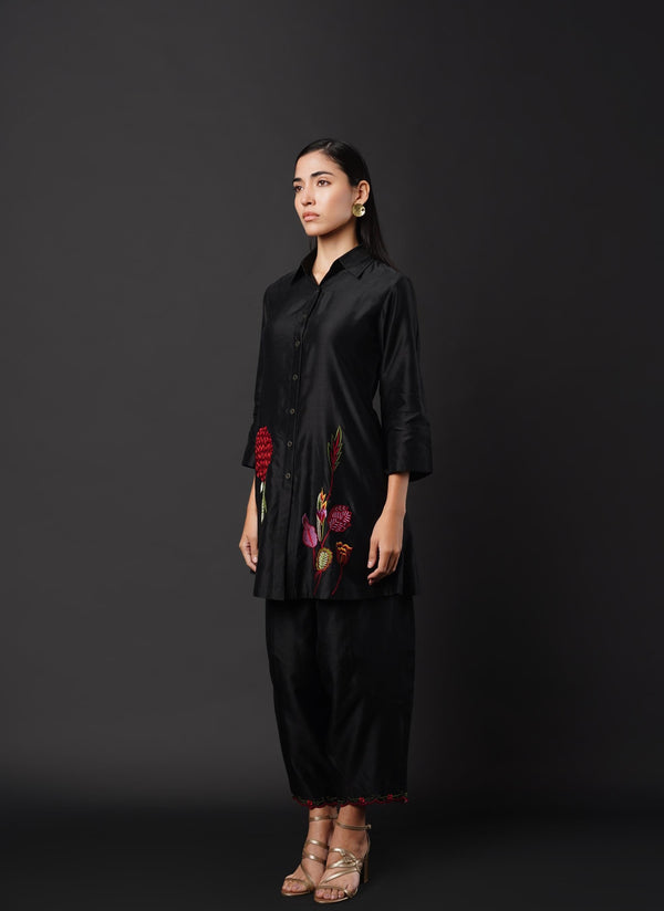 Black Co-ord Set with Embroidery on Both Sides, Paired with Indo-Pants